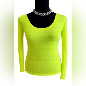 Neon Lime Sheer Long Sleeve Top | Lightweight Stretchy Fitted Scoop Neck | NWOT